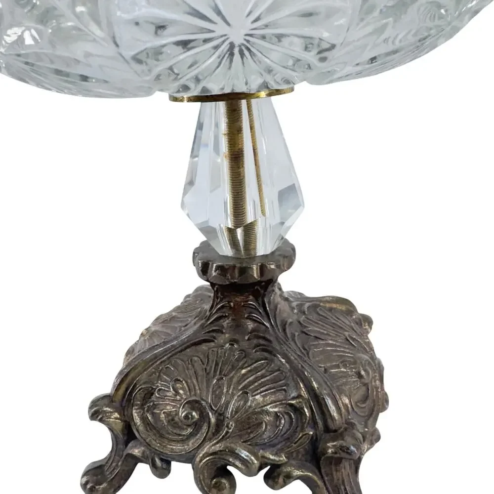 Vintage Crystal Pedestal Compote Dish with Ornate Brass Base, Candy Nut Bowl - Picture 4 of 10